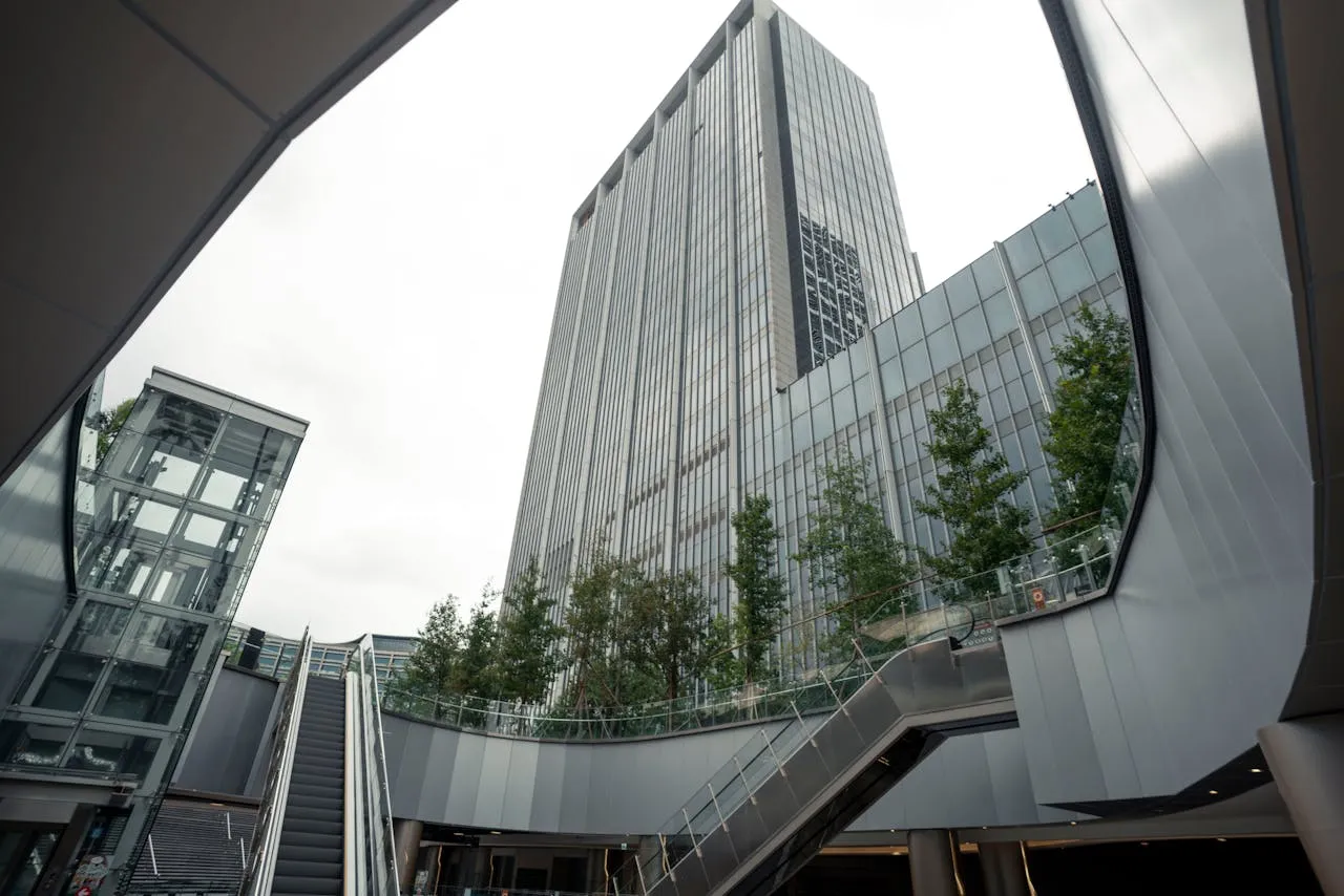 High-rise glass office building in metropolitan area